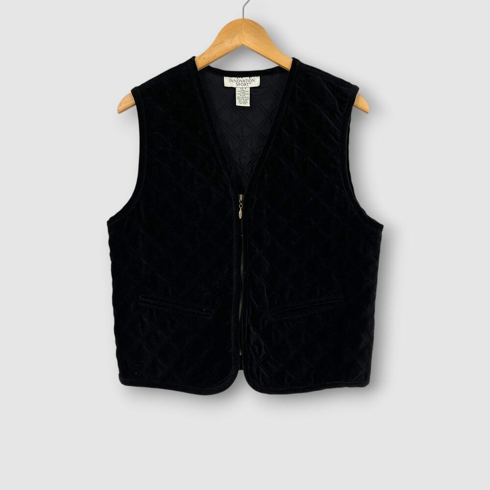 90s Vintage Black Quilted Innovation Sport Velvet Vest Zip Front Women's Small